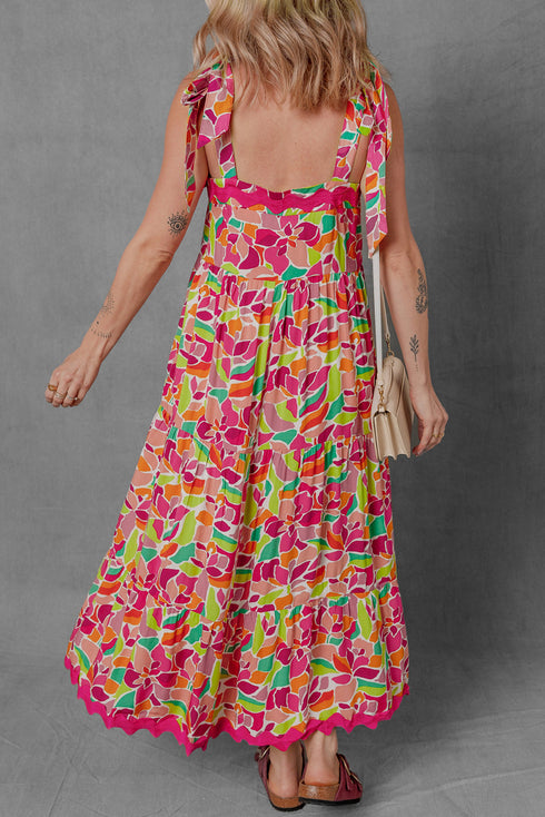Floral Tie Strap Ricrac Trim A Line Flowing Maxi Dress